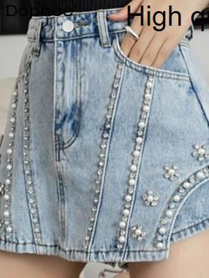 

Beads High Street Diamond Denim Women Sexy Asymmetric Blue A- Line Hip Mini Skirt Shorts 2023 New Summer Faldas Para Niñas