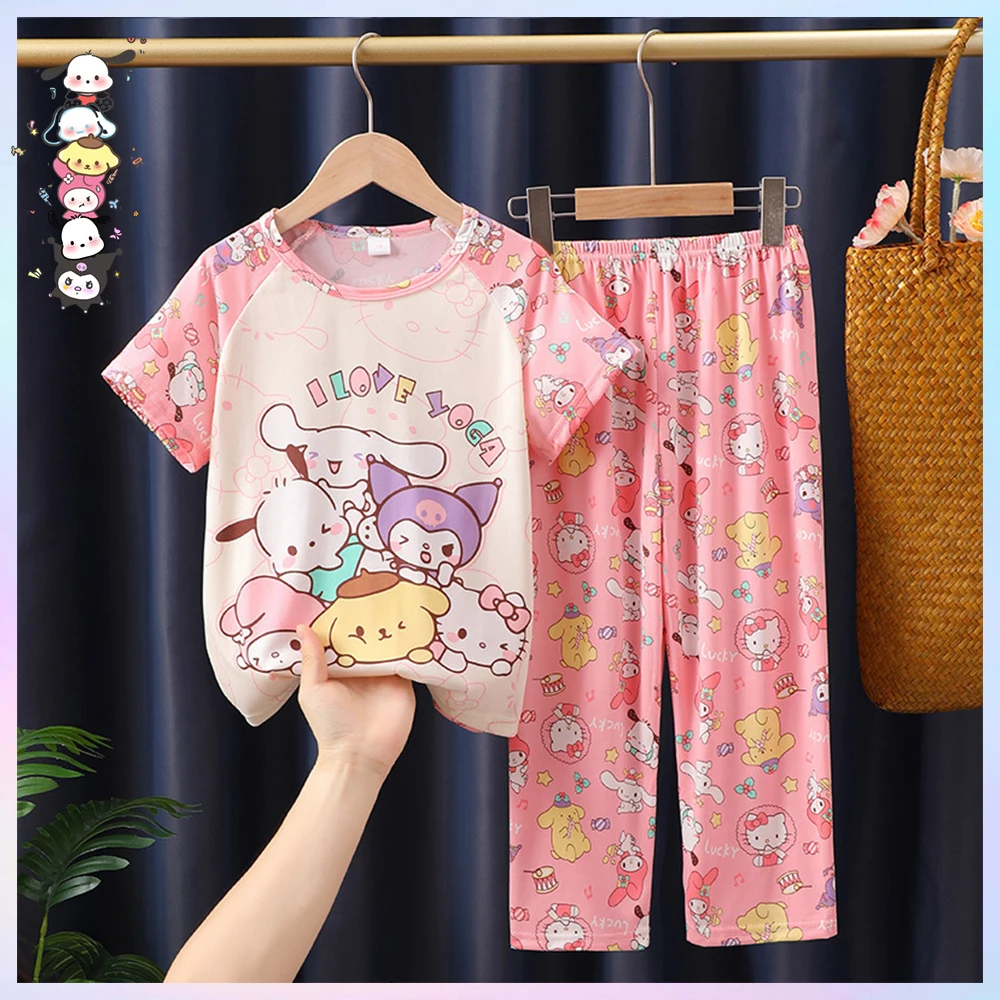 Cartoon Children's Pajamas Kawaii Anime Sanrios Summer Cute Thin Kuromi Cinnamoroll Melody Short Sleeve Pants Boy Girls Homewear