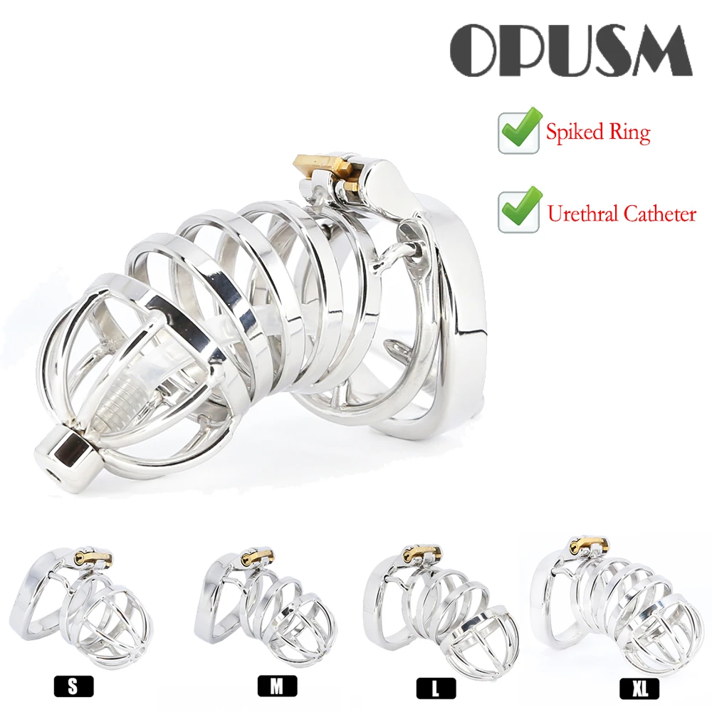 Best CBT Male Chastity Belt Device Stainless Steel Cock Cage Penis Ring Lock with Urethral Catheter Spiked Ring Sex Toys For Men