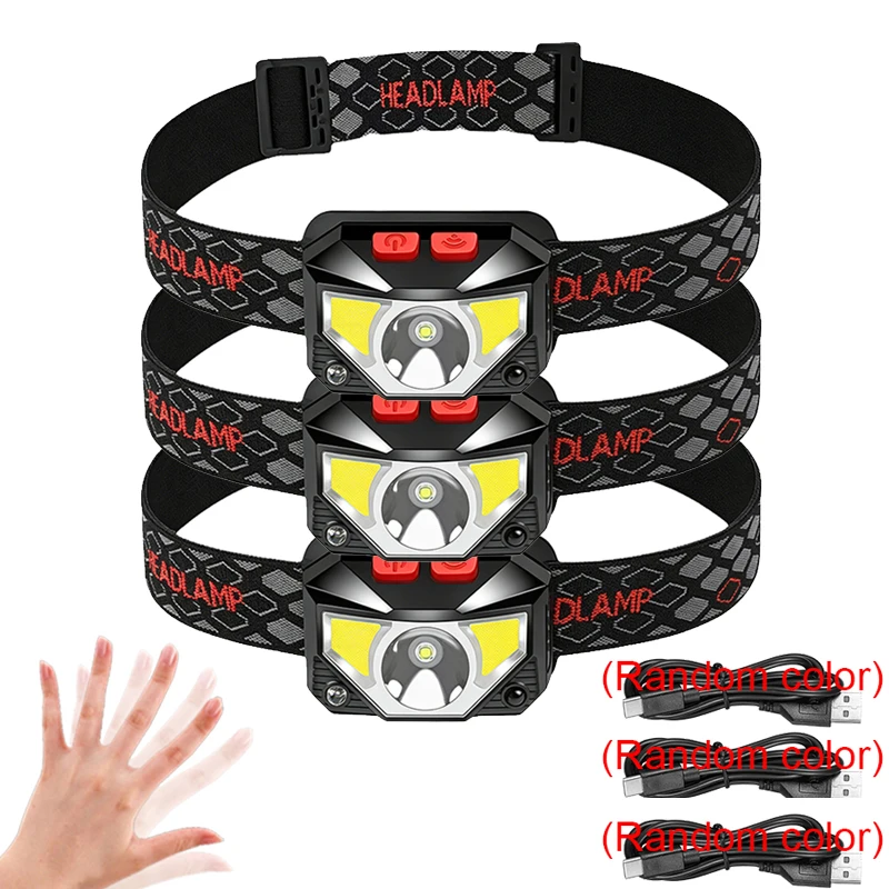 1-3 Stück wiederaufladbare LED-Stirnlampe mit Sensor, COB- und LED-Perlen, 8 Beleuchtungsmodi, weißes und rotes Licht, Angellicht