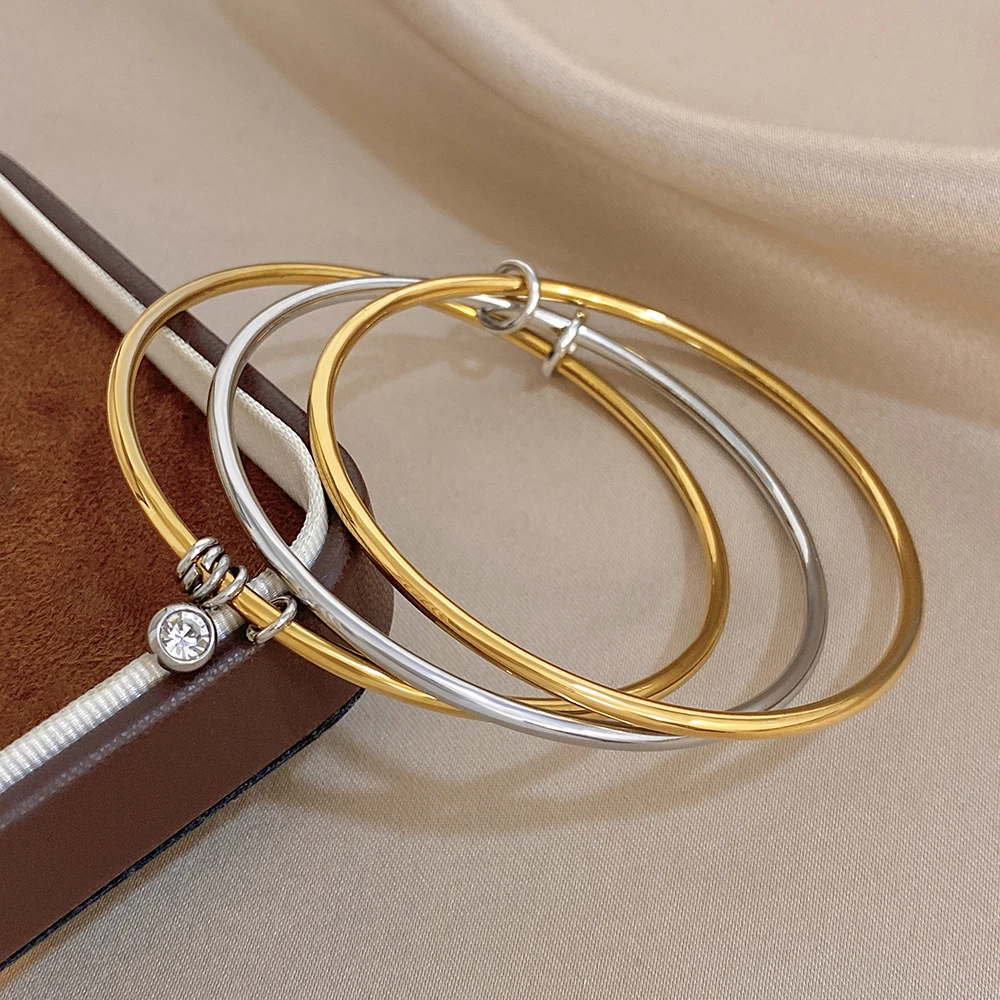 Minimalist Threelayer Round Pendant Stainless Steel Bangle for Women Stackable Waterproof Bracelet Exquisite Jewelry Gift New