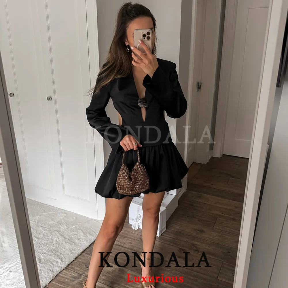 KONDALA Sexy schickes schwarzes Mini-Partykleid mit tiefem V-Ausschnitt, Rüschen, rückenfrei, Abend-Clubkleid, Mode, 2025, langärmeliges, schmales Kleid