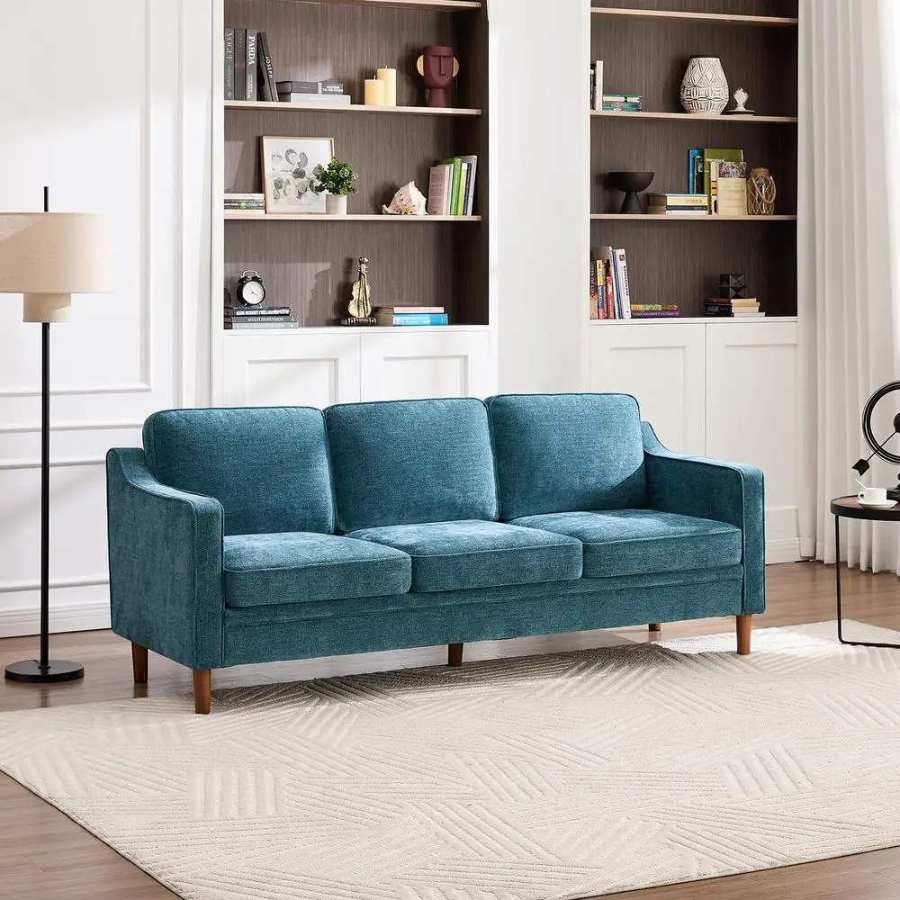 

80 Water Green Chenille Sofa, 3-Seater with Solid Wood Legs, Suitable for Living Room & Bedroom