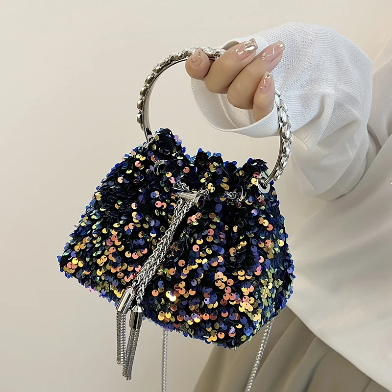

Women's Bucket Bag 2022 Trend Multicolored Party Crossbody Bags Leather Fashion Chain Luxury Shiny Evening Purses and Handbags