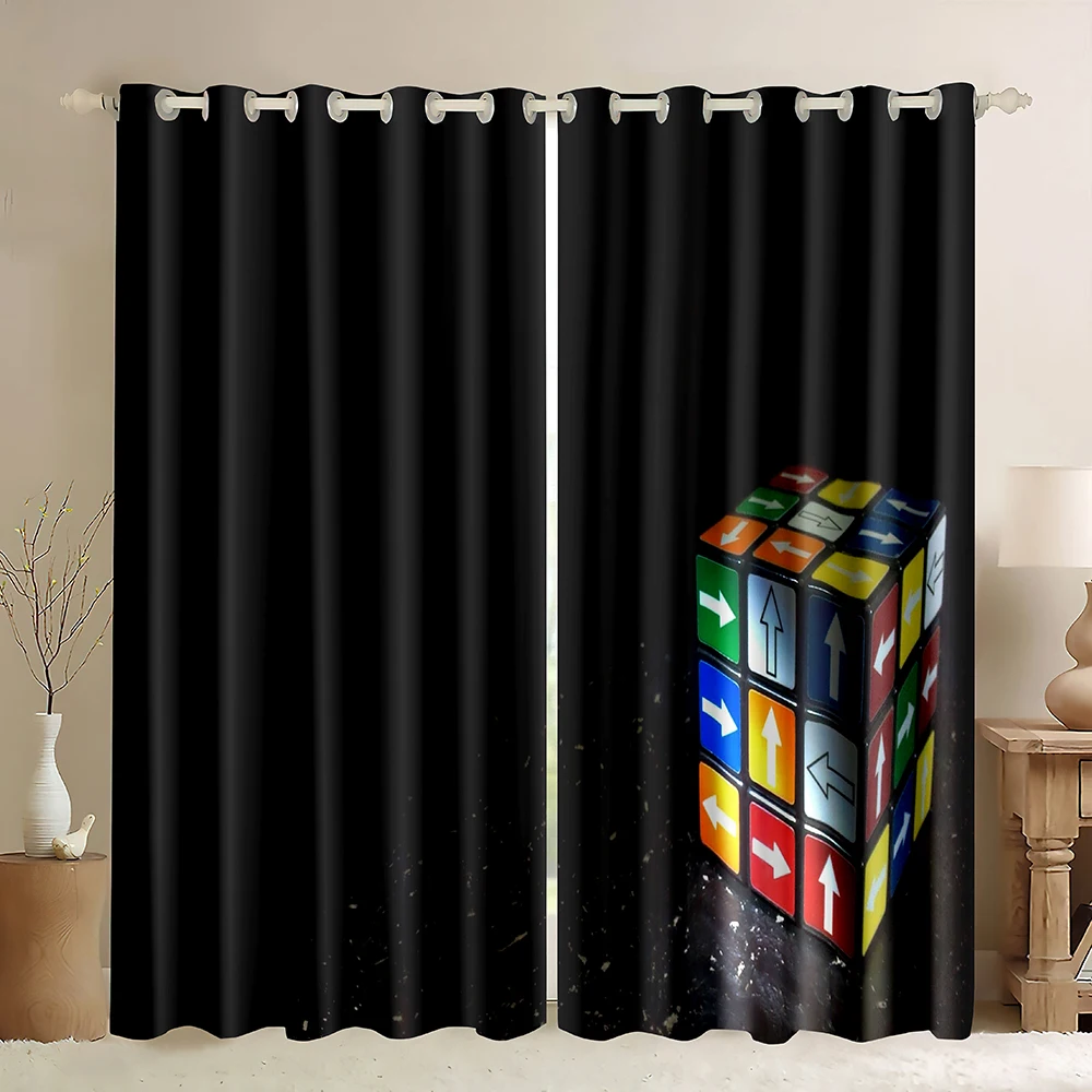 Magic Cube Blackout Curtains,Rubik's cube black background with arrows,Magic Cube and Math Formula Pattern Window Curtains