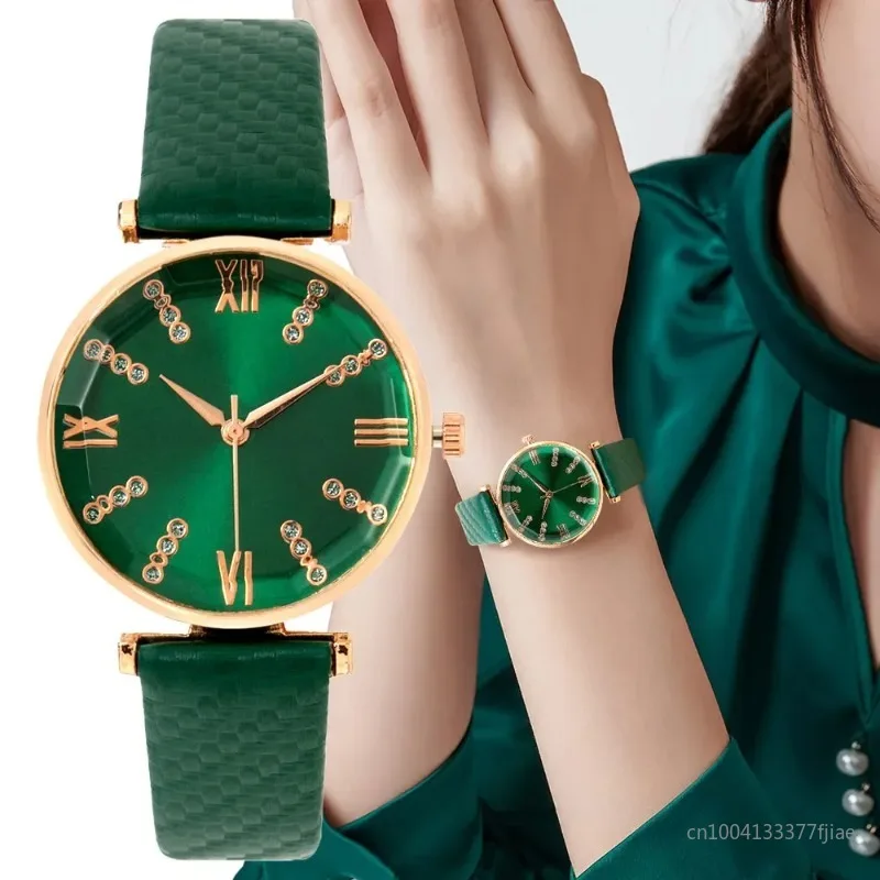 

Luxury Ladies Brand Roman Design Lady Watches Dress Quartz Watch Fashion Green Leather Strap Women Wristwatches