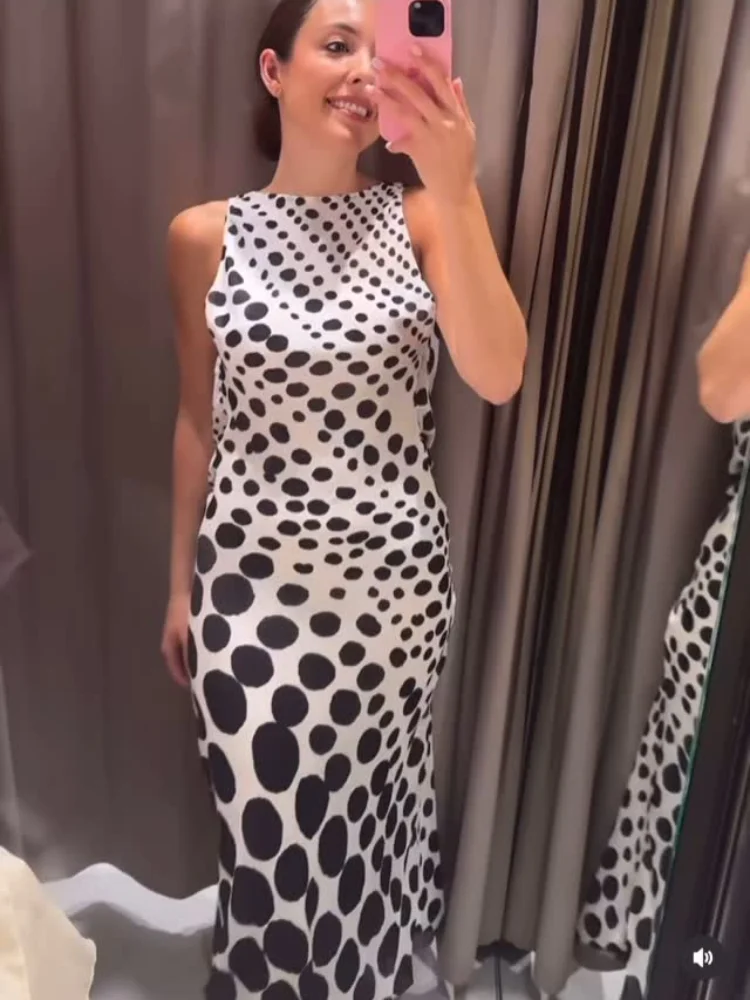 

Women Printing Long Dress Elegant Sleeveless Backless Round Neck High Waist Slim Fit Vestido 2025 Summer Fashion Lady Party Robe