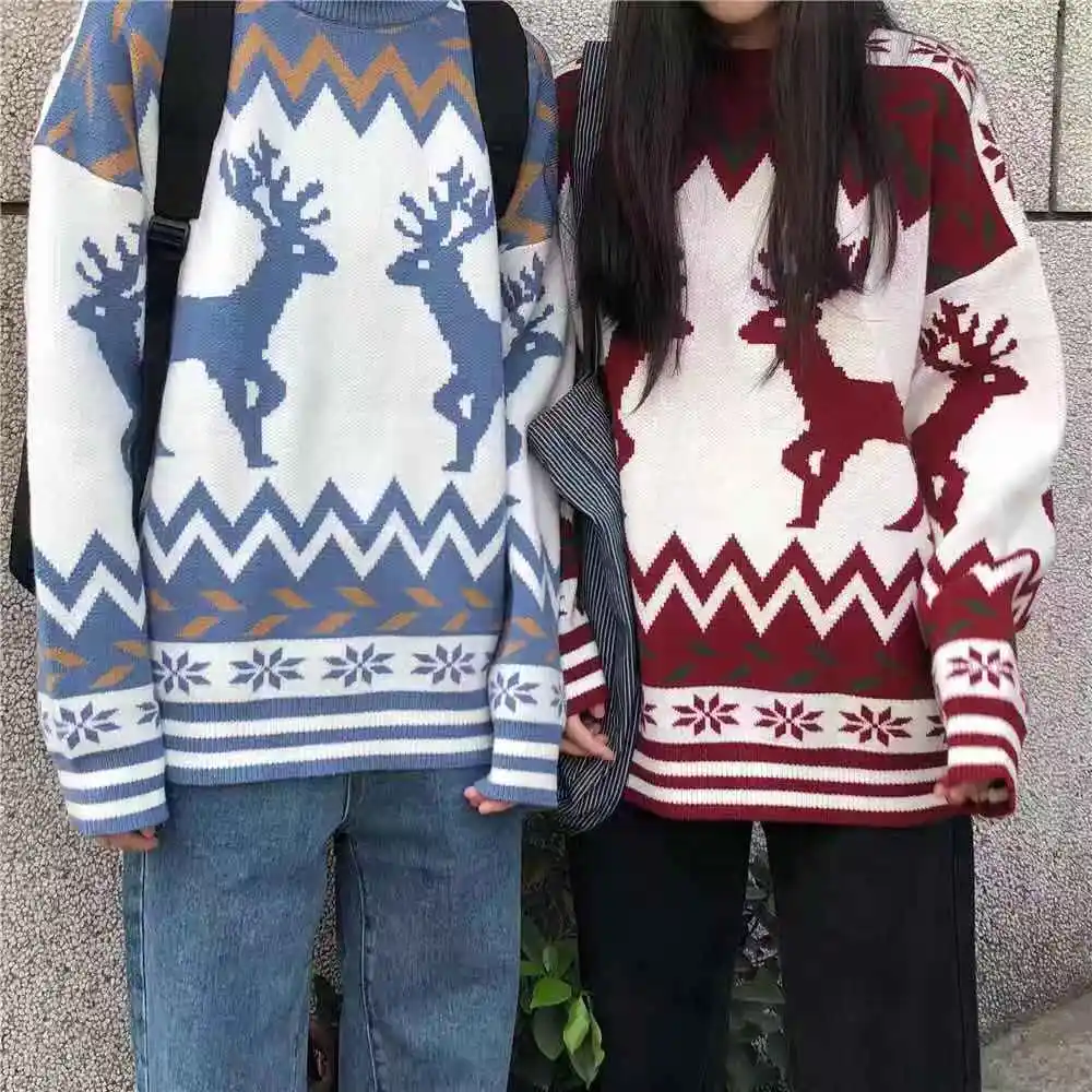 

Christmas Elk Knitted Sweater Autumn Winter New Women Korean Style Loose Couple Wear Long Sleeve Top