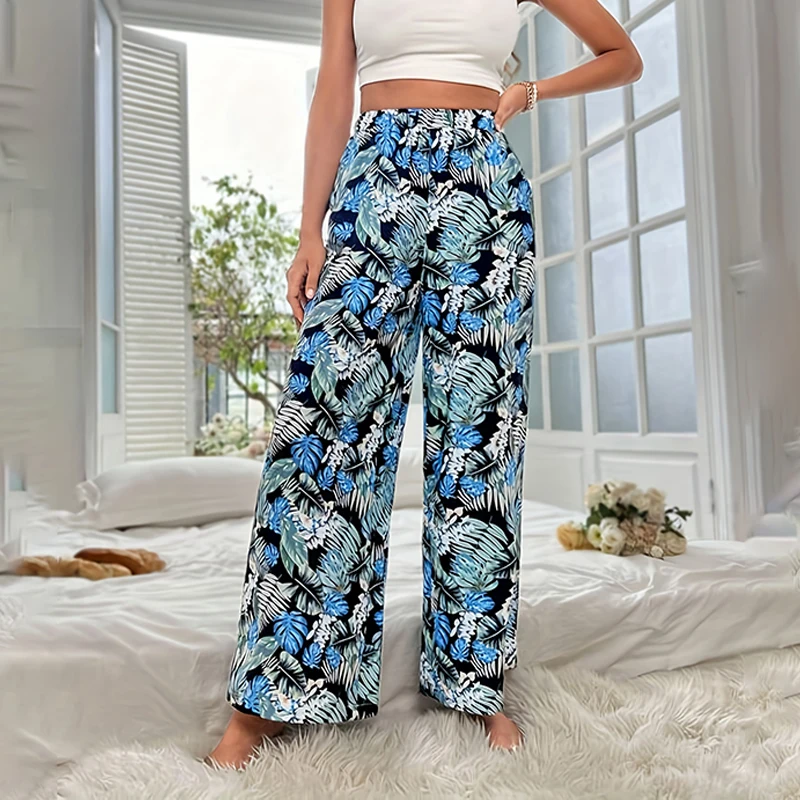 Summer women's loose beach pants Tropical print design straight leg pants small clear Korean hip hop style code women casual lib