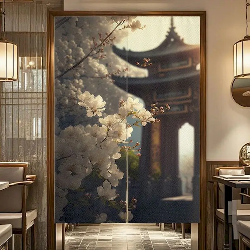 VIKAMA Japanese Wave & Pagoda Door Curtain, 6 Designs, Polyester Noren Doorway Cover for Home