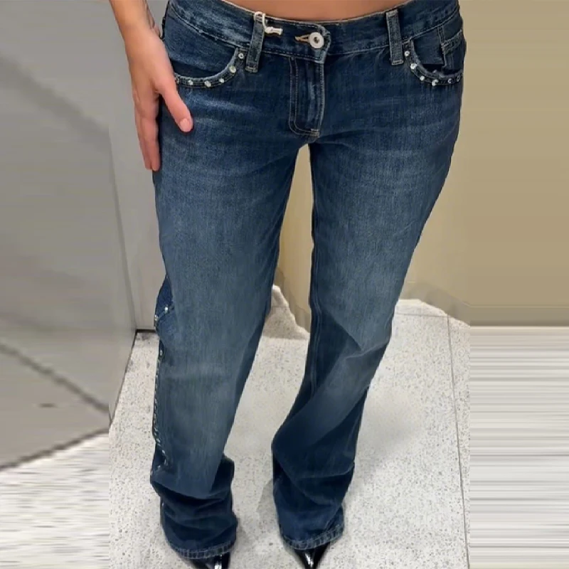 

Fashion Mid Waist Women's Jeans Side Diamond Decoration Denim Pants Pockets Trousers 2025 New Autumn Retro Lady Y2K Jeans Pants
