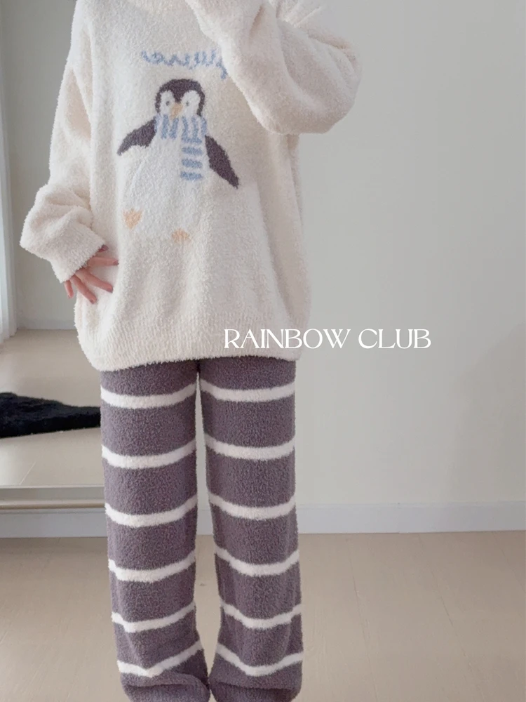 الرجال والنساء زوجين نمط أفخم الخريف الشتاء Homewear الحلو لطيف فتاة جولة الرقبة طويلة الأكمام فضفاضة عارضة يمكن ارتداؤها بيجامة مجموعة