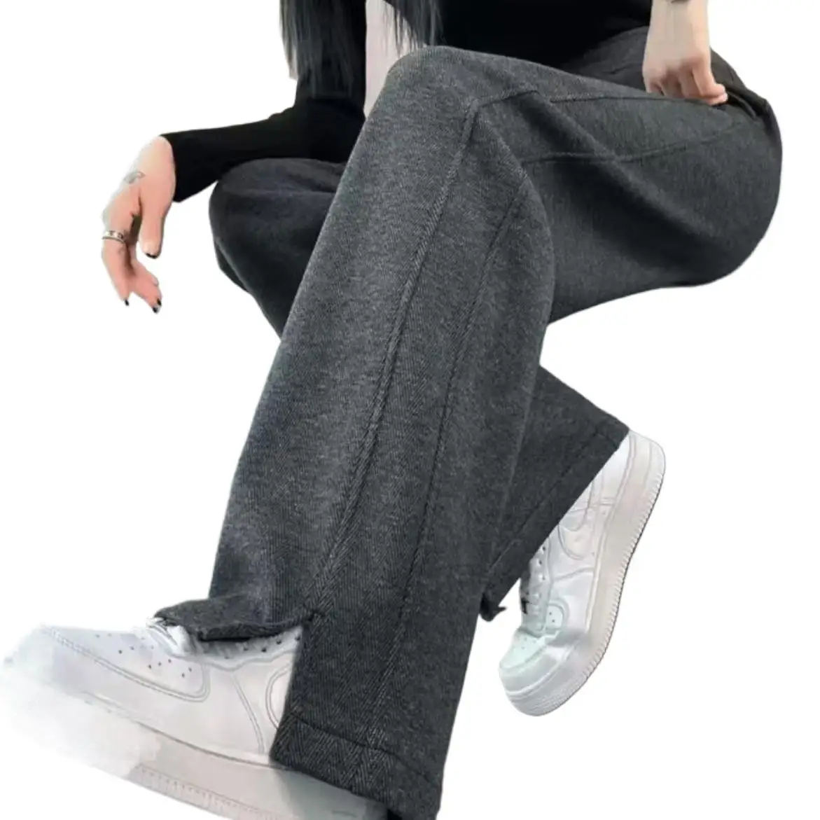 Verdickte Fleece-Hose mit weitem Bein für Damen, Herbst und Winter, neuer Stil, Bananenhose, Tasche, lange Hose, Freizeithose für Damen