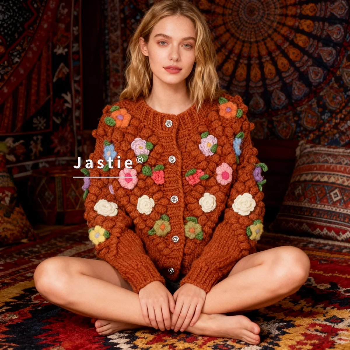 Sweet Cardigan Sweater Women Autumn/winter Style Bohemian Floral Round Neck Long Sleeves Single-breasted Loose Knit Cardigan