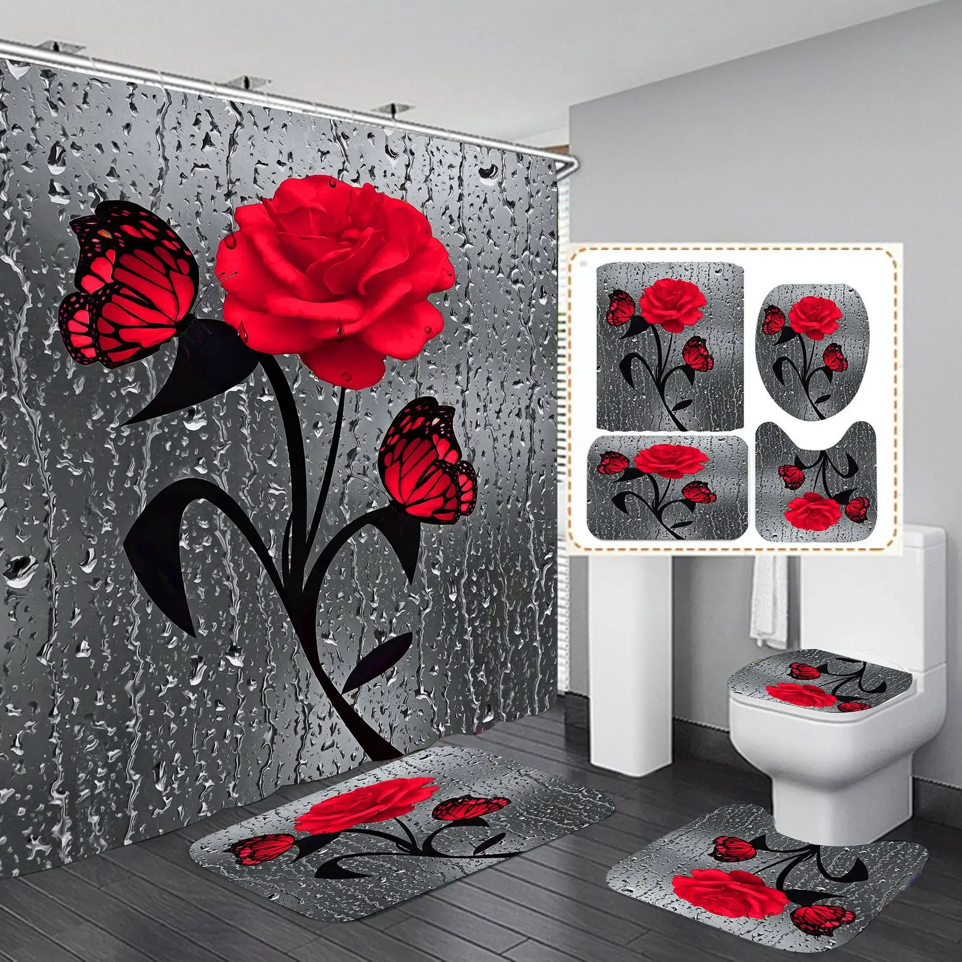 Romantic rose shower curtain, bathroom four-piece  doormat customized pictures  bathroom set with shower curtain and rugs