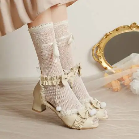 Spring Lace Ankle Strap Women High Heels Mary Jane Pumps Party Wedding Cosplay White Pink Hairball Bow Princess Lolita Shoes