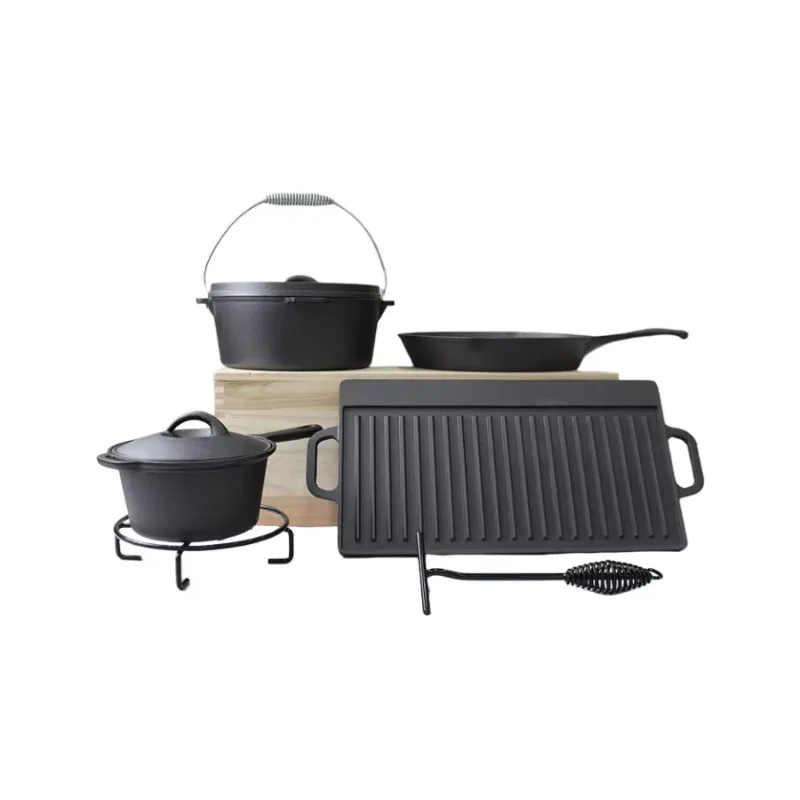 

Hot Sale Pre-sale Cast Iron Outdoor Camping Cookware 7 Pieces Cookware Set Pots and Pans BBQ Frying Pan