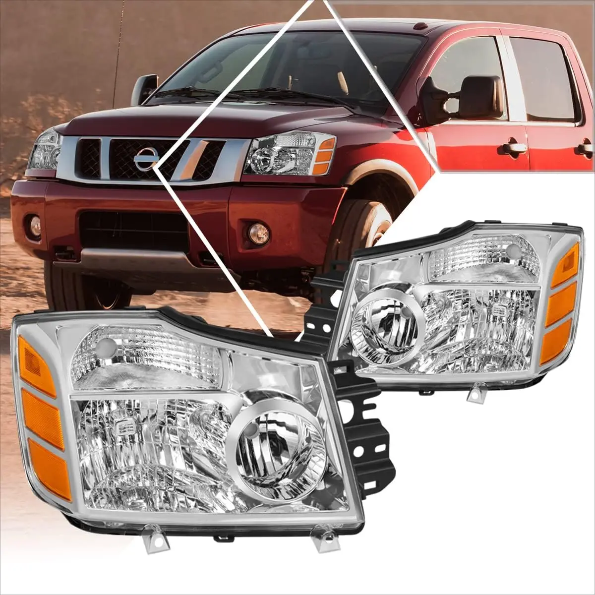 

2 шт. фары в сборе, совместимые с 04-15 Titan/05-07 Armada, хромированный корпус, янтарный угол