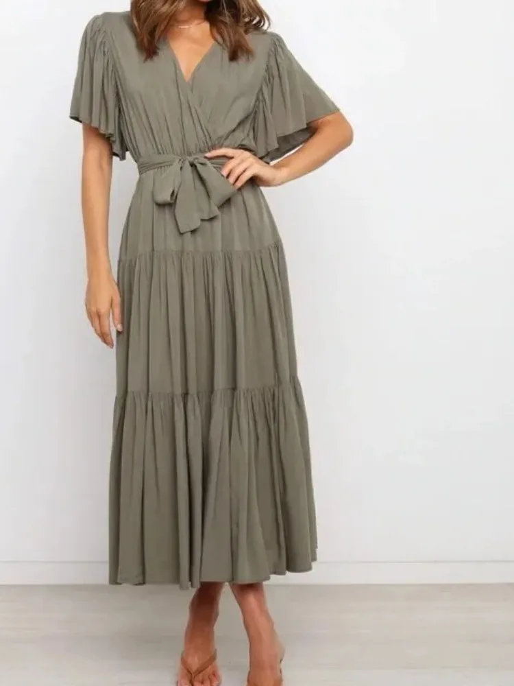 อินเทรนด์สีทึบRufflesชุดยาวผู้หญิงเซ็กซี่VคอRuffleแขนLeace-Up Temperament Elegant Ladyชุด 2025 ฤดูร้อนใหม่