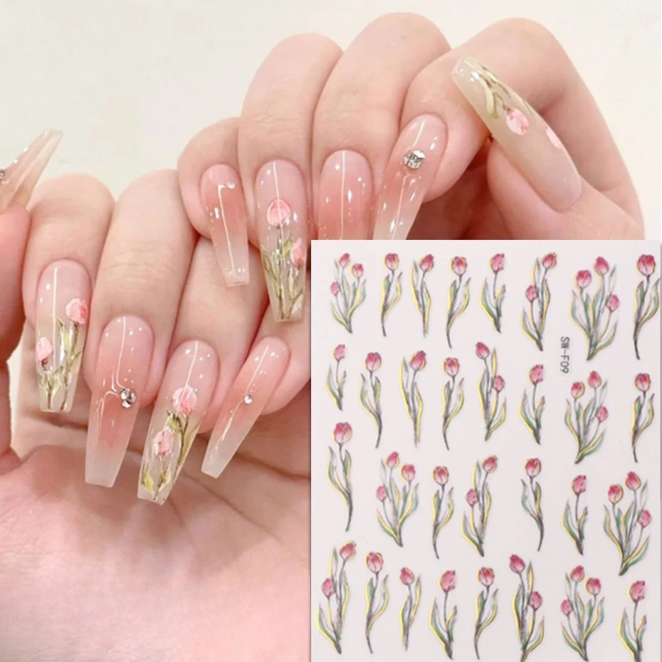 Tulip Pink Pretty Nail Art Sticker Oil Painting Style Self-adhesive Decal Cartoon Simple Strokes Sliders Manicure Decoration