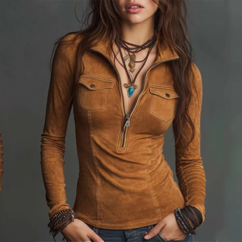 

Suede Solid Shirt for Women Fashion Long Sleeve Turn-down Collar Half-zip Shirts Top Lady Holiday Streetwear Vintage Clothes New
