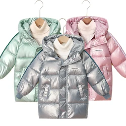 Winter Keep Warm Boys Girls Jacket Long Style Solid Color Glossy Waterproof Stain Resistant Hooded Coat For 4-12Y Kids Outerwear