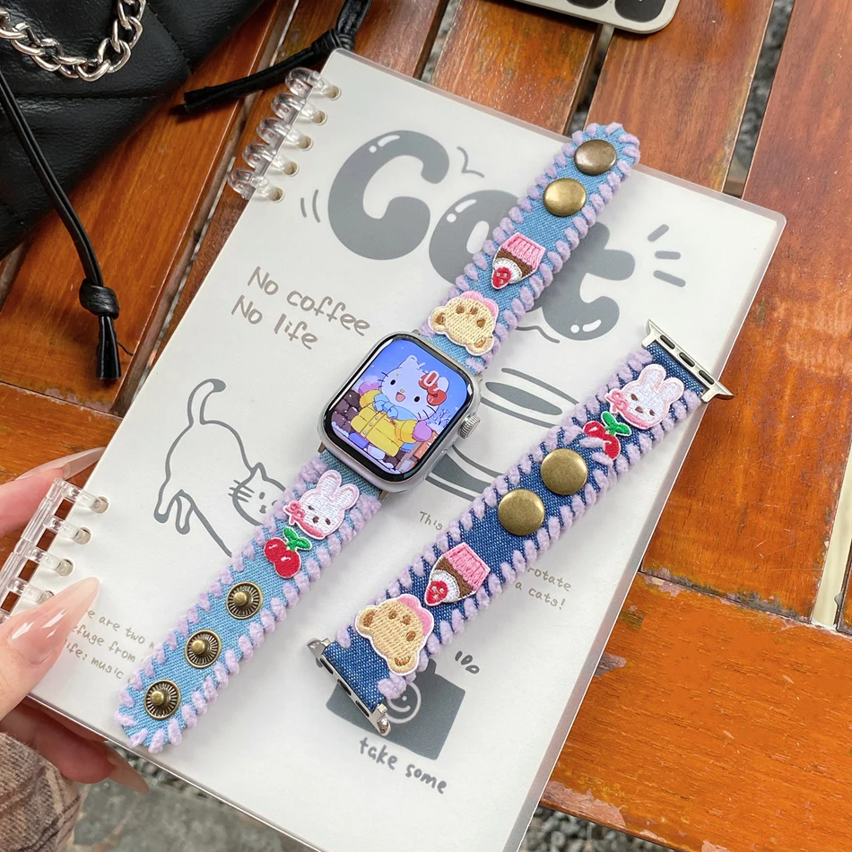 Cute Bear Rabbit Strap For Apple Watch Band 46mm 38 40 41 44 42 45 49mm Embroidery Bracelets iWatch Series 10 9 8 7 6 SE Ultra 2