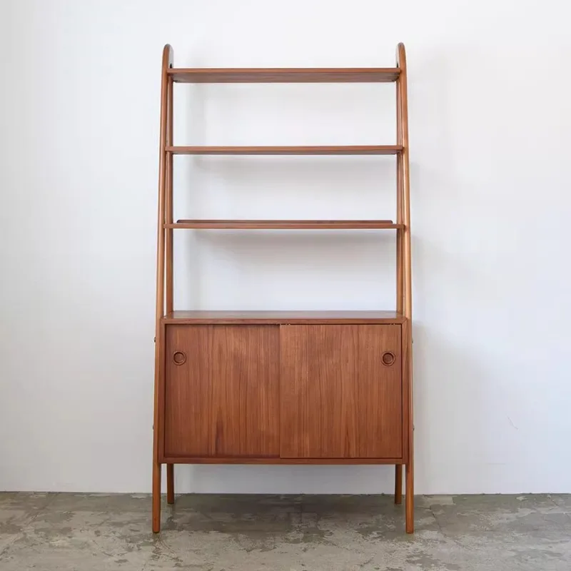 Nordic Danish solid wood bookshelf multi-layer bookcase display stand cherry wood living room wall storage rack display case