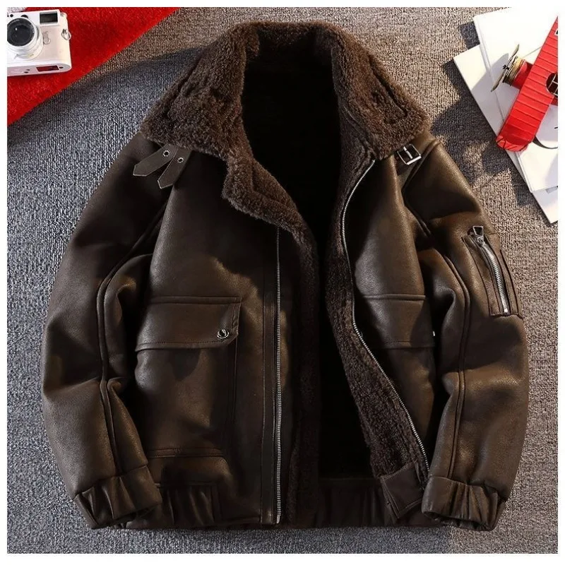 Chaqueta cálida de una pieza de piel sintética, elegante y de alta gama, nueva chaqueta de cuero Retro para traje de motocicleta, prendas de vestir exteriores de moda