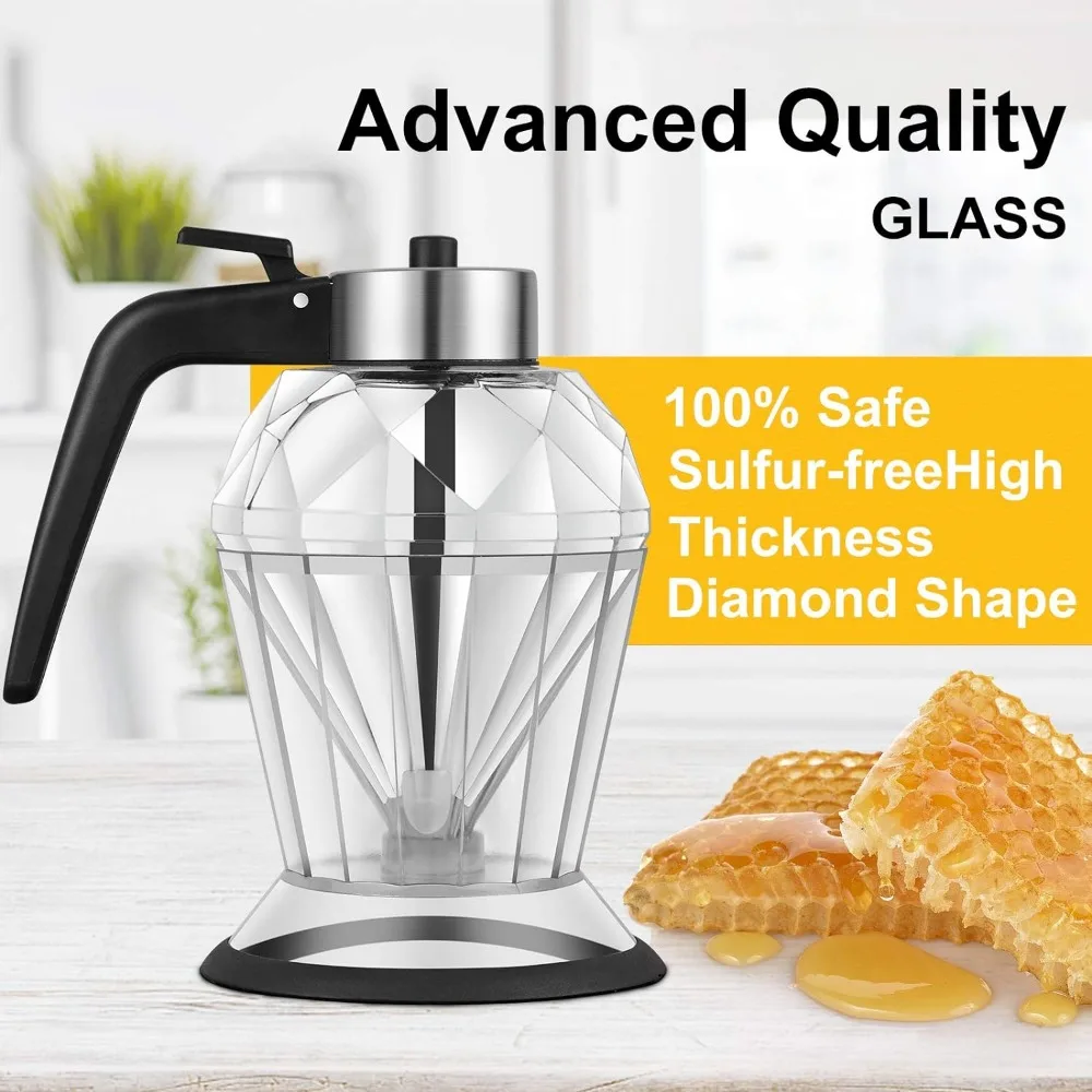 Diamond Glass Honey Dispenser 200ml Oil Bottle and Sauce Glass Kitchen Tool Premium Durable Glass with Non-Slip Silicone Bottom