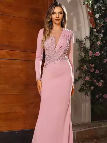 2026 Elegant Pink Mermaid Evening Dress Beaded Applique Long Sleeves Pleated Sequins Formal Prom Dress Customized