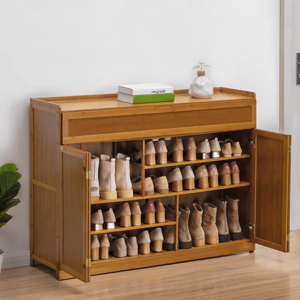 

Bamboo 5-Tier Shoe Organizer Cabinet with Folding Door Pull-Down CompartmentUnit Up to 25 Pairs for Boots Heels Sneakers Sandals