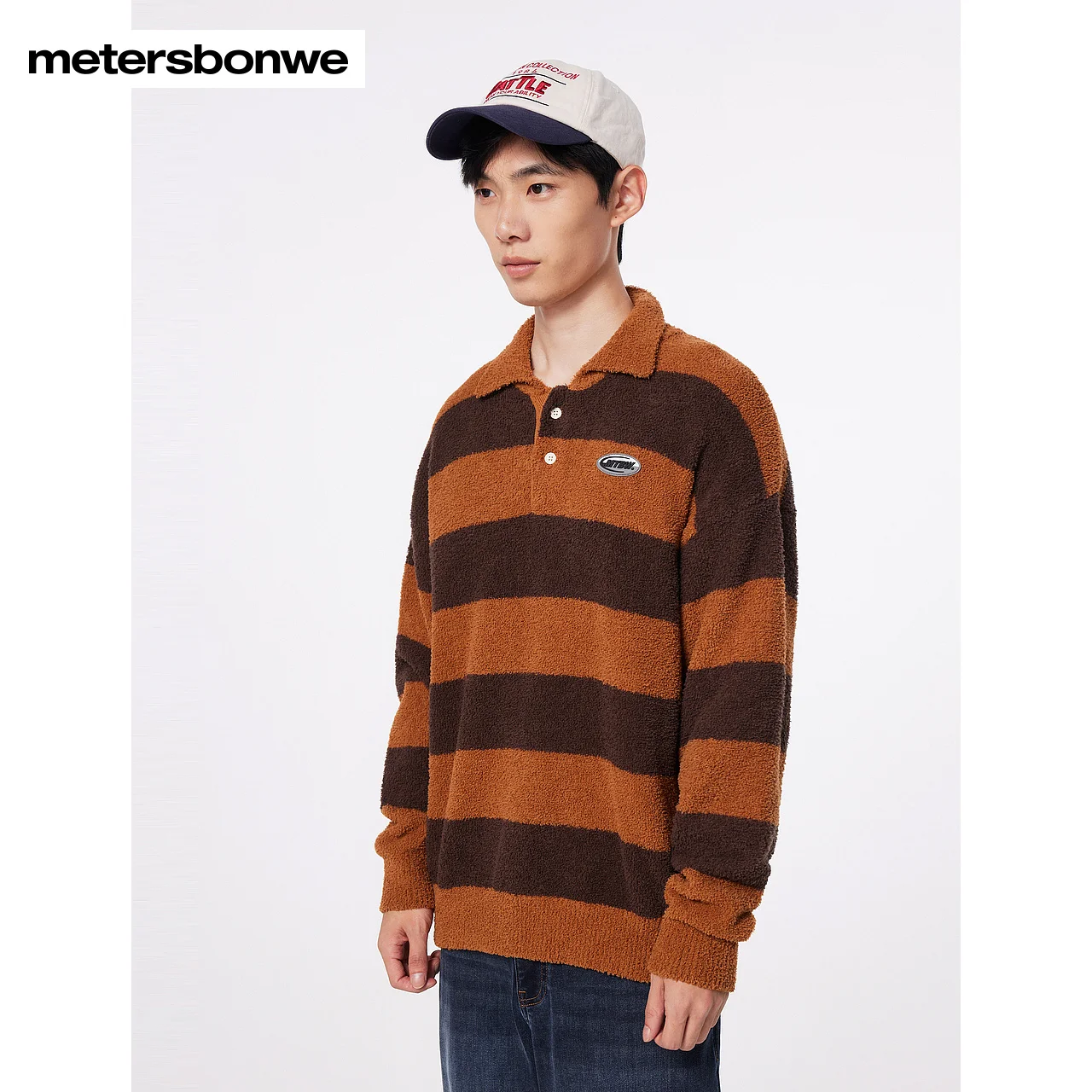 Metersbonwe-Men's Striped Sweater Jumper Polo Collar Color Clash Soft Tops Pumpkin Color Halloween Casual Winter