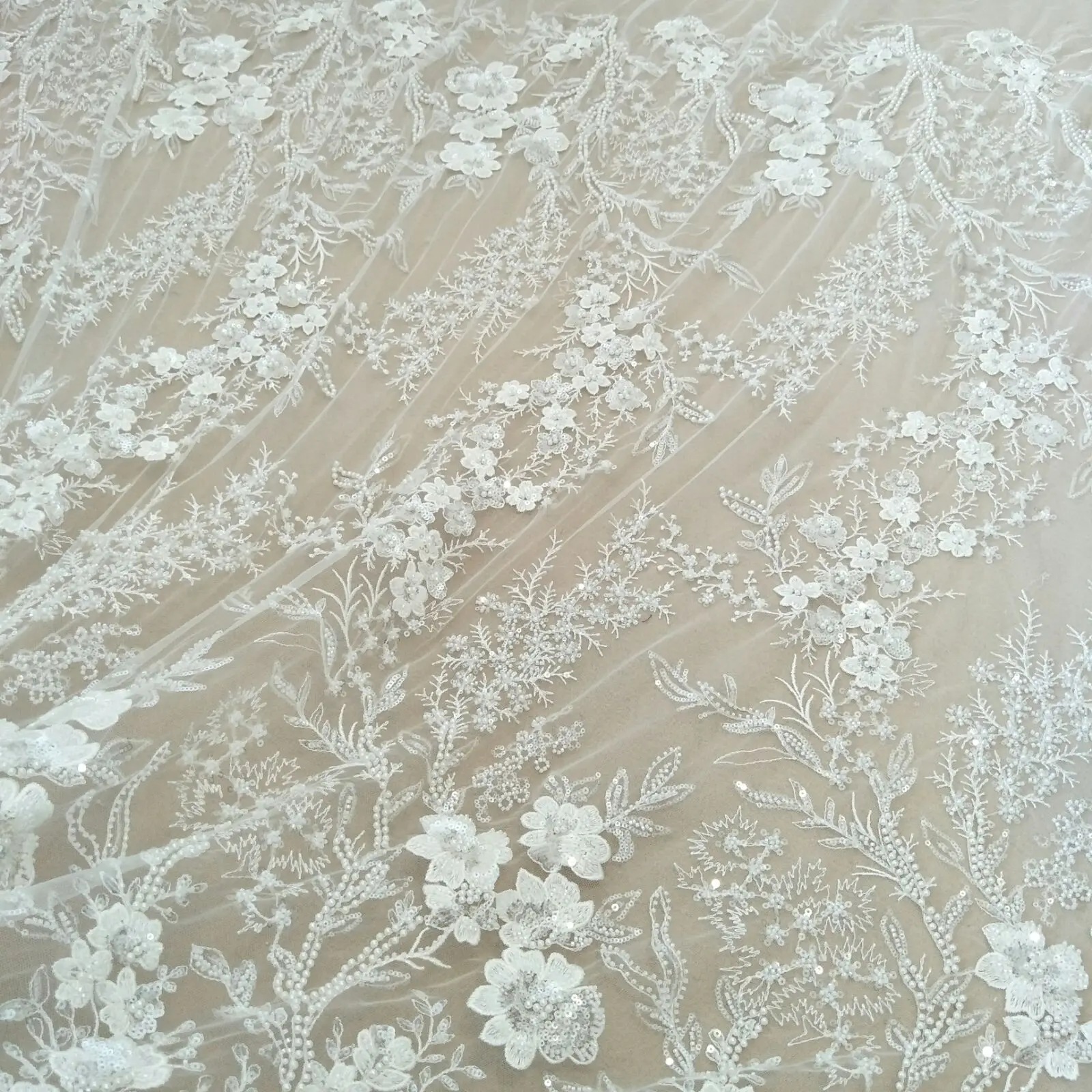 New arrival sequins lace fabric with beads 130cm width dress lace fabric sell by yard