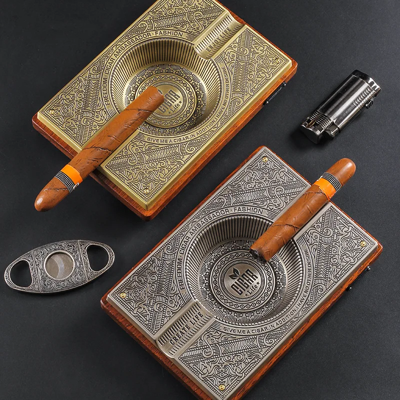 

Retro Engraved Cigar Ashtray Large Double Slot Club Bar Household Solid Wood Metal Ashtray