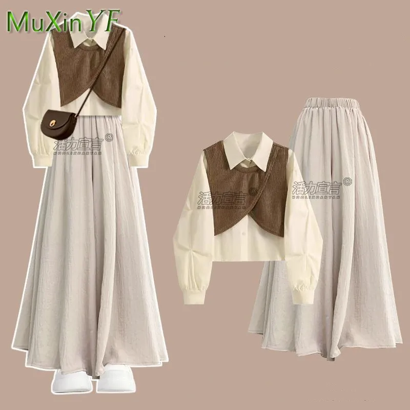 المرأة الخريف/الشتاء جديد خمر رياضية مطابقة مجموعة 2025 الكورية أنيقة وهمية قطعتين سترة قميص + السراويل فضفاضة تنورة دعوى