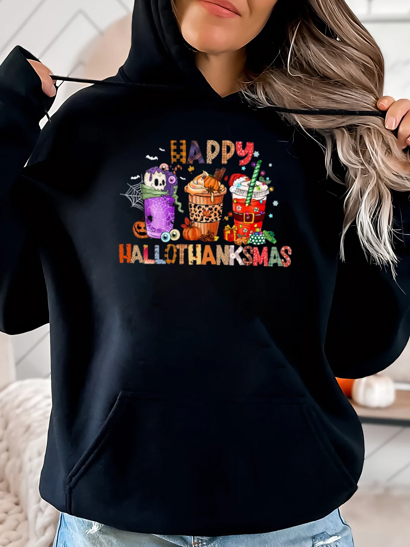 

Happy Hallothanksmas Толстовка с принтом кекса Хэллоуин День Благодарения Рождество Женская повседневная одежда Черный Большие размеры