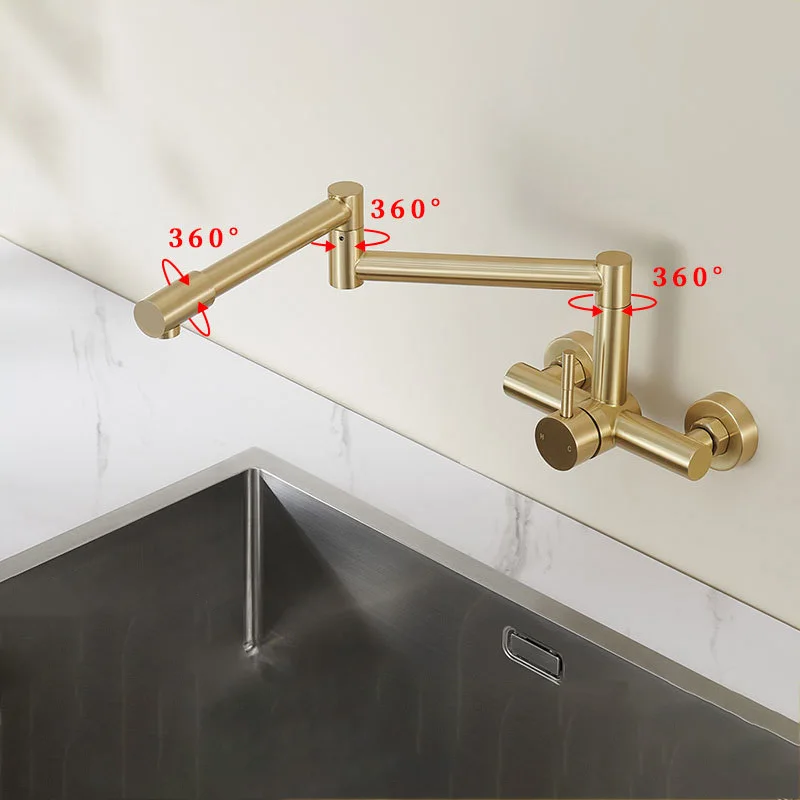 

Настенный кухонный кран с наполнителем для кастрюли, складной смеситель с поворотом на 360 градусов для мытья, Матовый Золотой смеситель для горячей и холодной воды, смесители для раковины