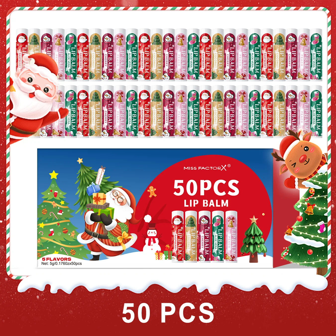 Juego de lápiz labial con tema navideño, 50 Uds., 5 sabores, hidratante, suave y iluminador, portátil de viaje
