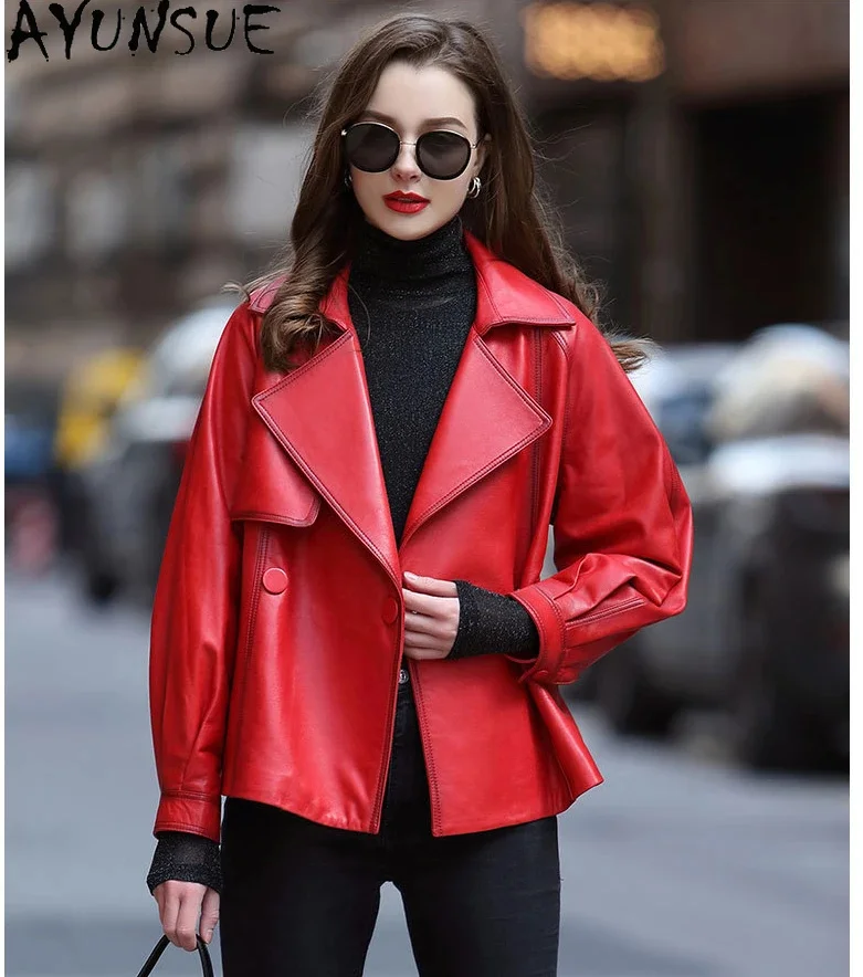 Genuine AYUNSUE Leather Jacket High Quality Real Sheepskin Jackets for Women 2024 Fashion Vintage Coat Lace-up