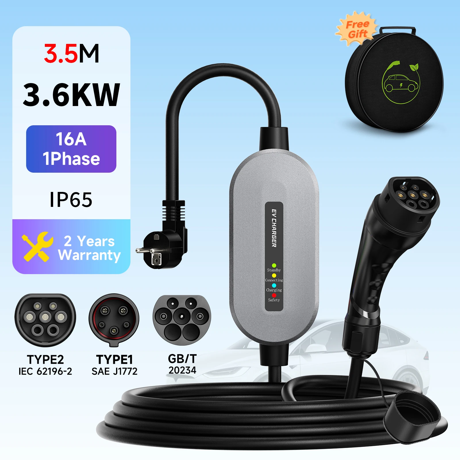 

3,6 кВт, 16 А, 1 фаза, тип 2, IEC62196-2, зарядное устройство для электромобилей, портативная зарядная станция Wallbox Type1/GBT для электромобиля