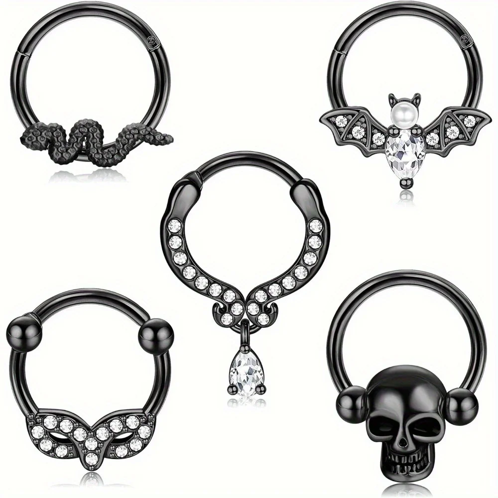 CASSIECA 1Pc Stainless Steel Septum Ring Septum Jewelry Daith Piercing Jewelry Daith Earrings for Girls Septum Clicker Black