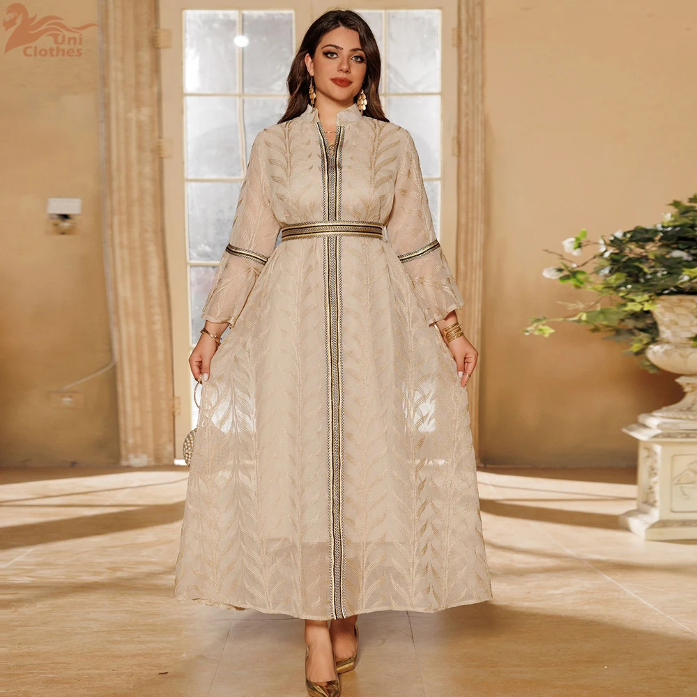 

Uni Dubai Embroidery Abaya With Belt For Muslim Woman Notched Stand Collar Flare Sleeve Elegant Loose Moroccan Saudi Kaftan