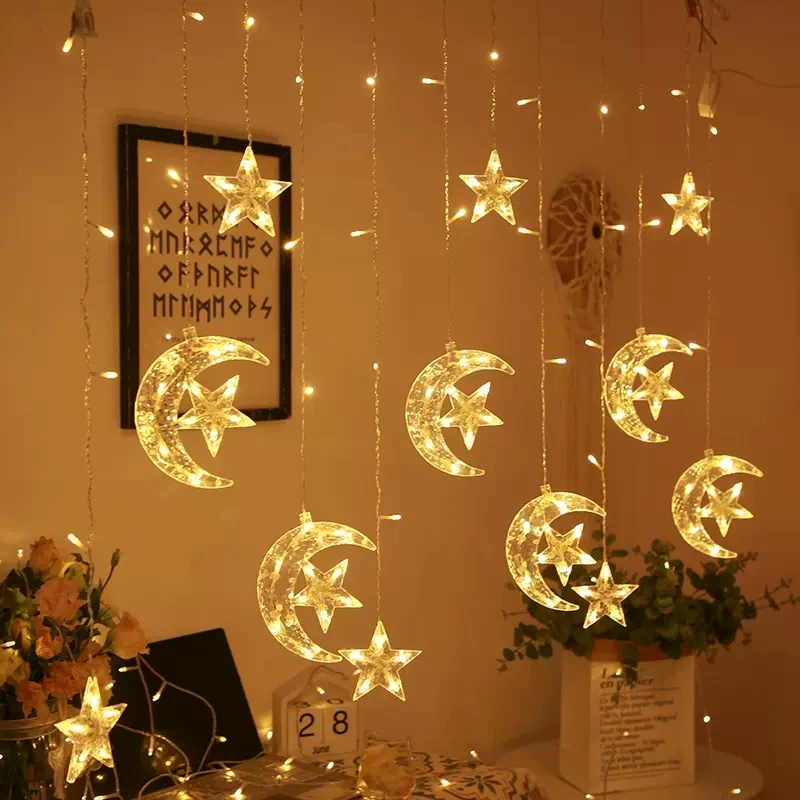 

3M Star Moon Curtain String Light LED Fairy Garland String Lamp Eid Mubarak Lighting For Ramadan Party Home Window Decor EU Plug
