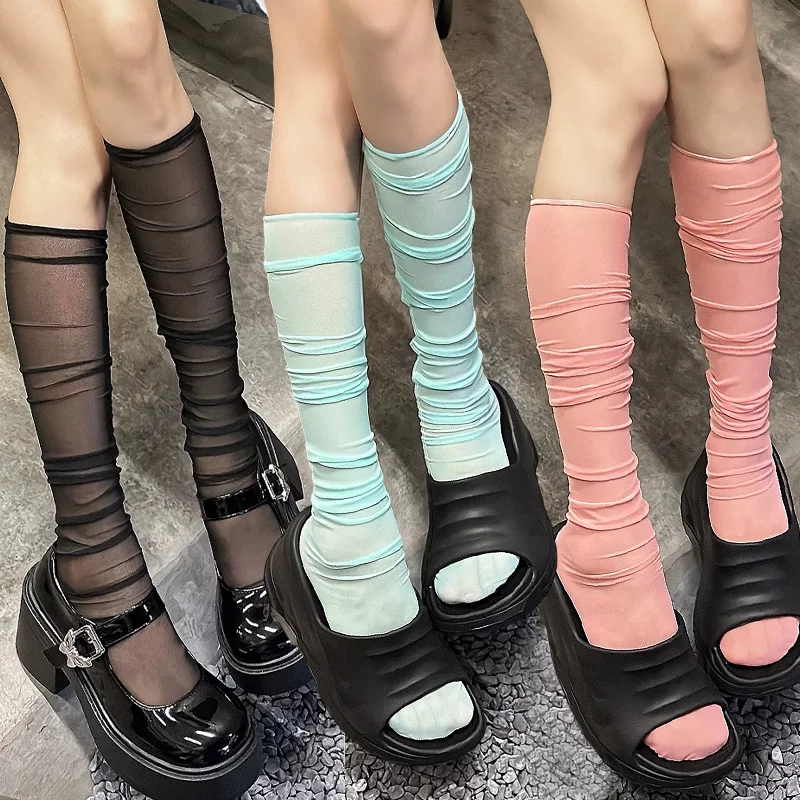 Japanese Women Sexy Stockings Sun Protection Mesh Long Sock Sweet Lolita JK Lace Socks Translucent Thin Thigh High Socks