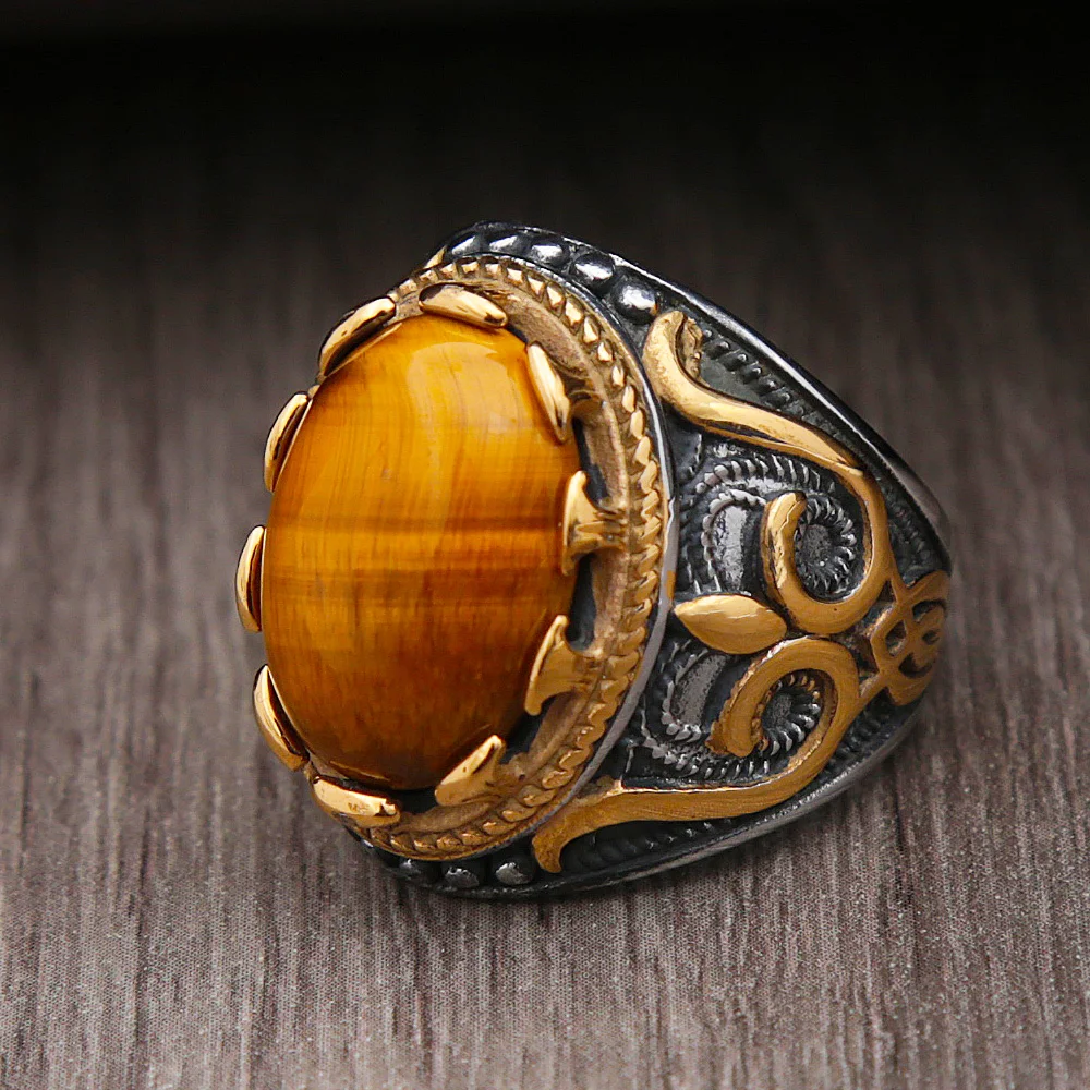 Punk Stainless Steel Opal Rings For Men Women Fashion Big Tiger Eye Rings Engraved Signet Vintage Ring Jewelry Gift Wholesale