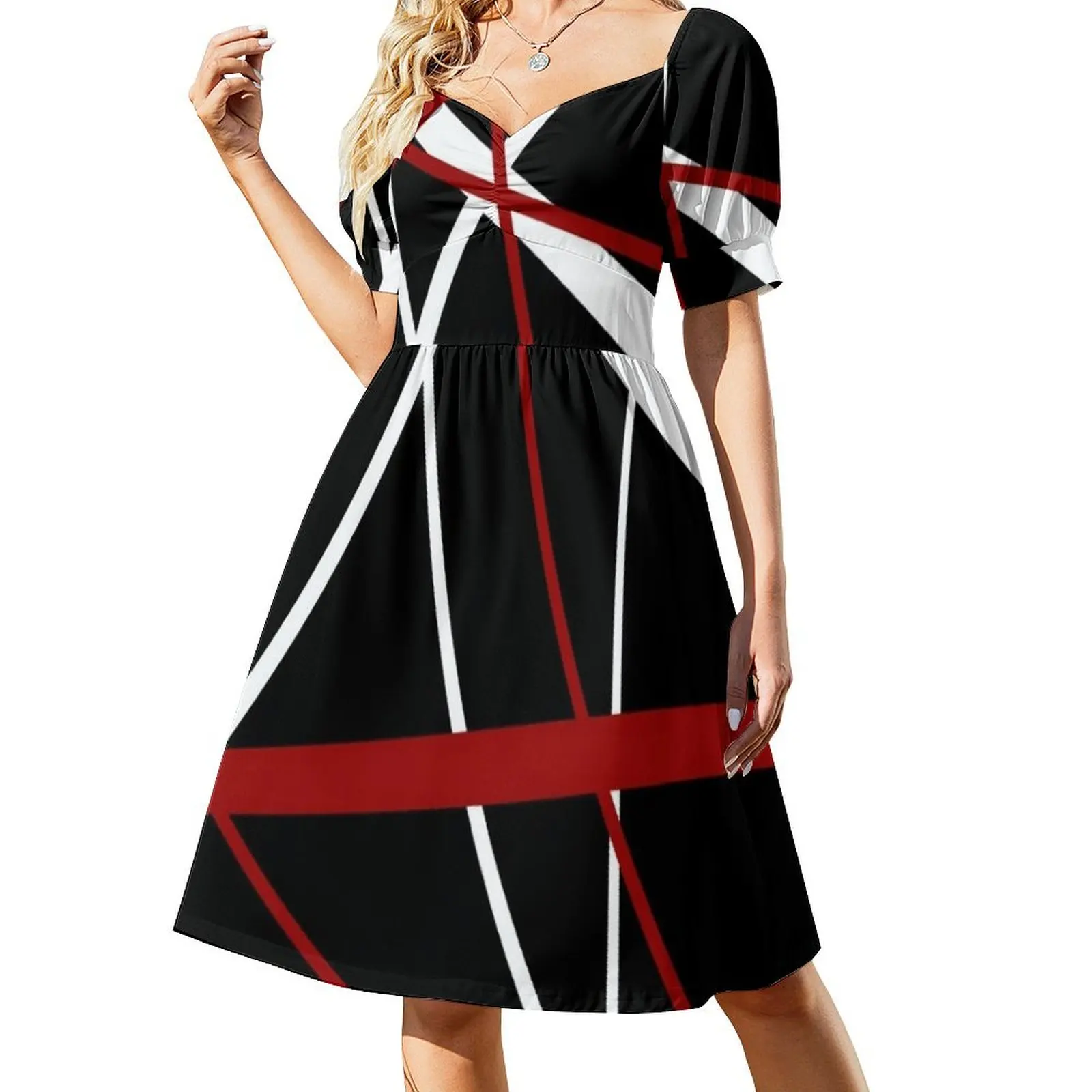 

Red and White Strips Against A Black Background Short Sleeved Dress luxury woman party dress festival outfit women Dress