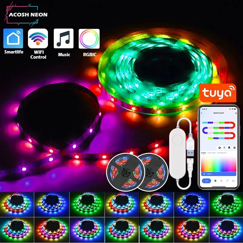 20M TUYA LED Strip Light 12LEDs/M Smartlife Wifi RGBIC Dreamcolor LED Strip WS2812B Addressable Light Lamp Work with Alexa