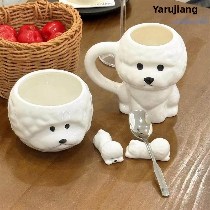 

Cute Cartoon Dog Ceramic Soup Bowl Mug Water Cup Dining Utensils Set Creative Drinking Cup Mark Cup One Person Meal Set