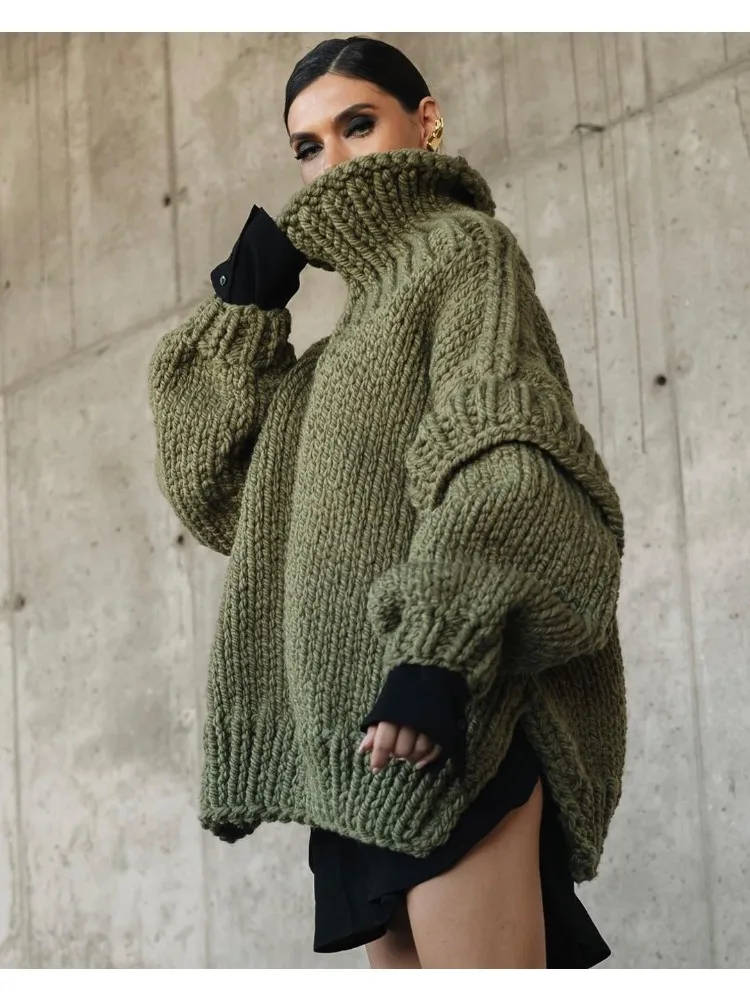 Chic Oversize Turtleneck Knit Women Puffy Pullover Lantern Sleeve Warm Thick Sweater New Streetwear Patchwork Loose Tops Mujer